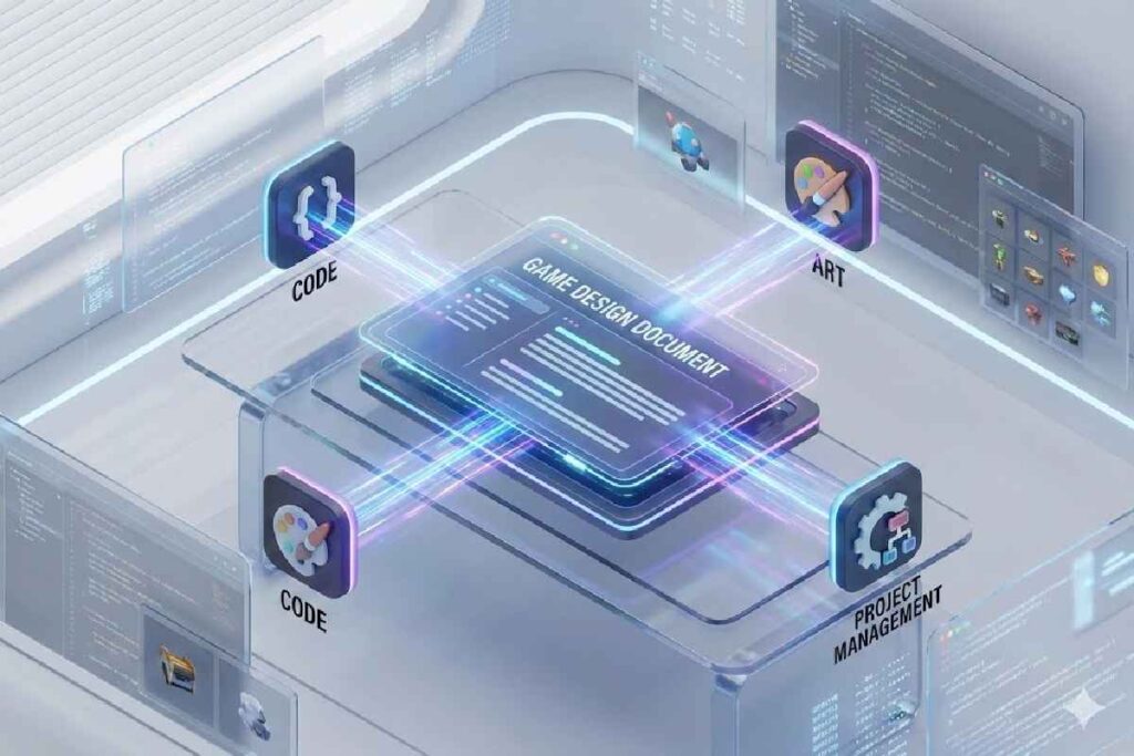 A futuristic digital game design document connected to various development departments in a collaborative workspace.