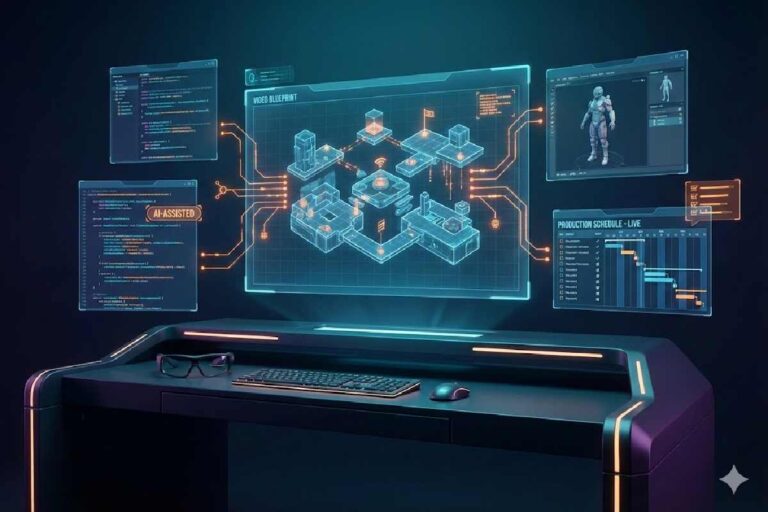 A futuristic holographic game design document representing a living coordination system for game development teams.