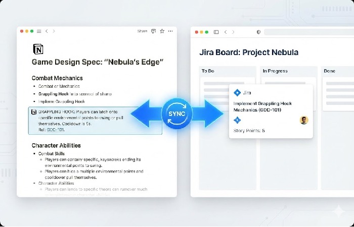 Visual representation of bi-directional syncing between Notion design docs and Jira project management tickets.