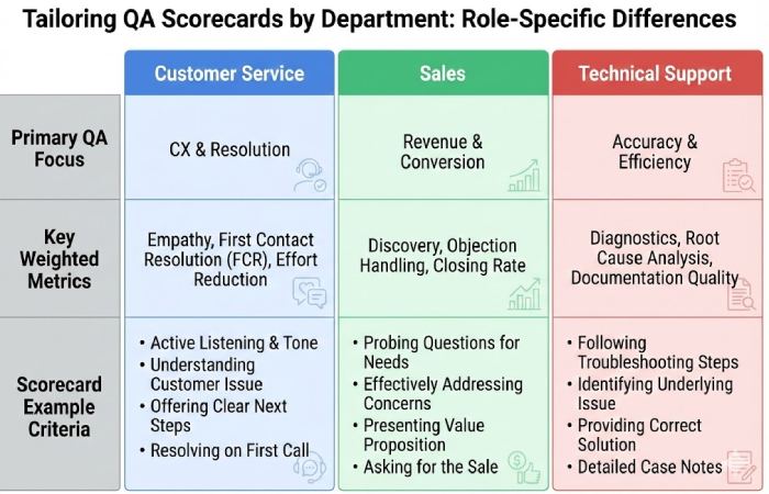 A matrix showing different QA focuses for Customer Service, Sales, and Technical Support roles.