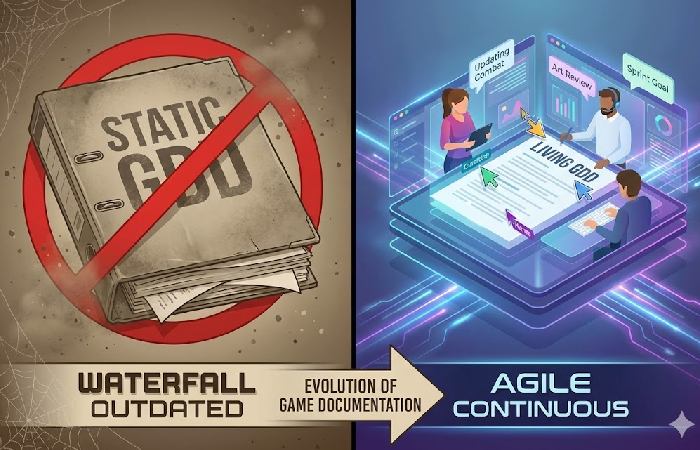 A comparison chart showing the differences between outdated static GDDs and modern collaborative living documents.