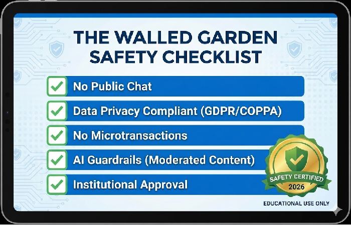 A safety checklist for teachers to evaluate educational games for data protection and student safety.