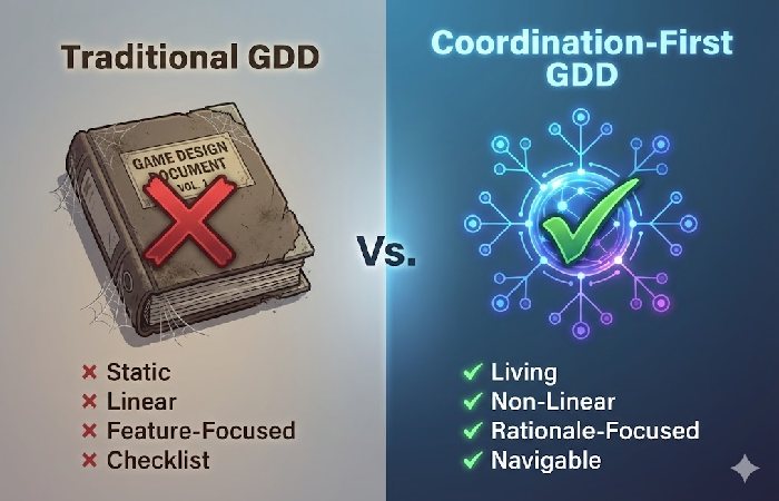 A comparison chart showing the differences between traditional static game design documents and modern coordination-first GDDs.