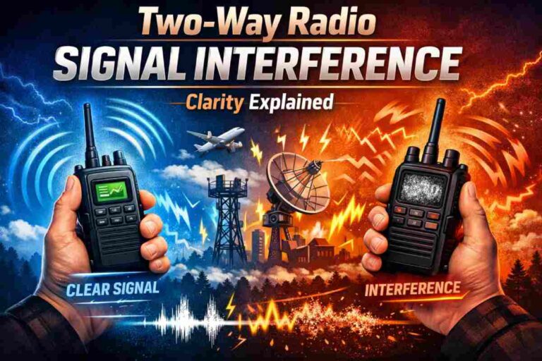Two-way radios showing clear signal versus interference caused by overlapping radio frequencies and signal noise