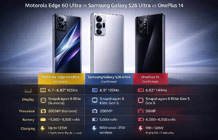 Three premium Android flagship smartphones displayed side by side in a studio setting