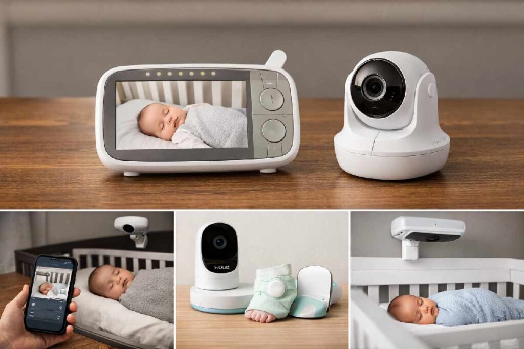 Baby sleeping in crib with modern baby monitor camera mounted above and parent unit on dresser