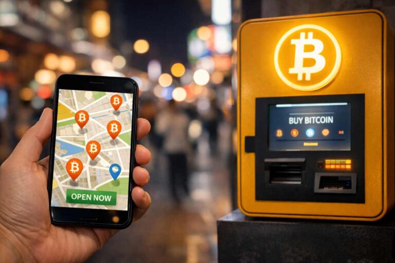 Person using a smartphone to locate a nearby Bitcoin ATM that is open, with a Bitcoin ATM visible in a city setting.
