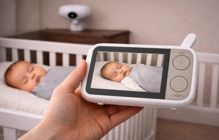 Handheld non-Wi-Fi baby monitor displaying sleeping baby in crib