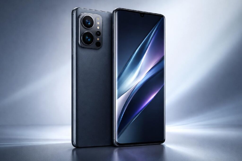 Premium flagship smartphone with triple camera system and curved display in studio lighting