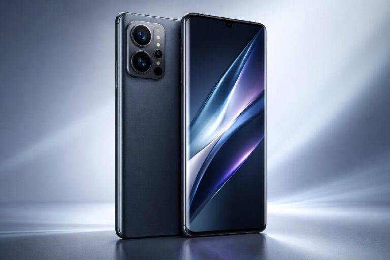 Premium flagship smartphone with triple camera system and curved display in studio lighting