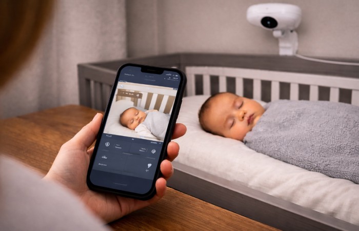 Parent checking sleeping baby through Wi-Fi baby monitor app on smartphone