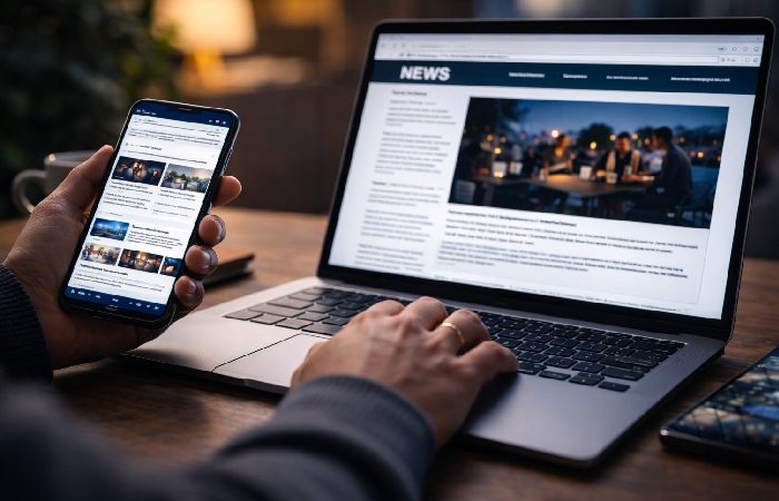 Person verifying online news information on multiple devices
