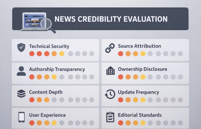 Concept illustration of evaluating online news credibility