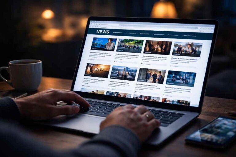 Person browsing a news website on a laptop at night