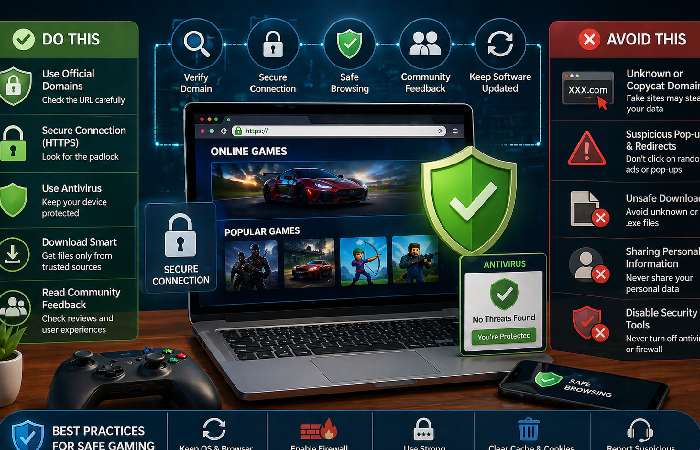 Safe gaming website check with antivirus and browser security concept