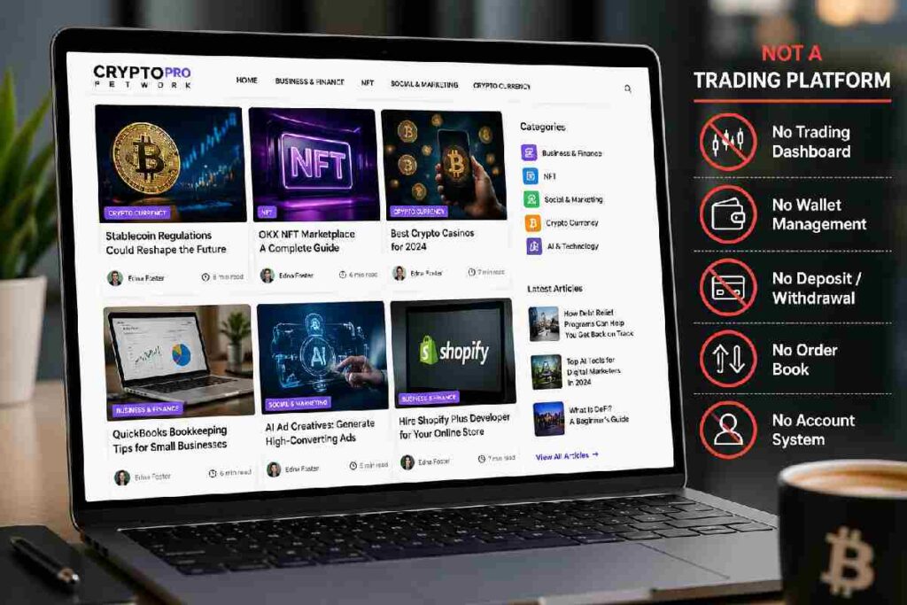 Crypto blog website layout showing articles and categories instead of trading tools