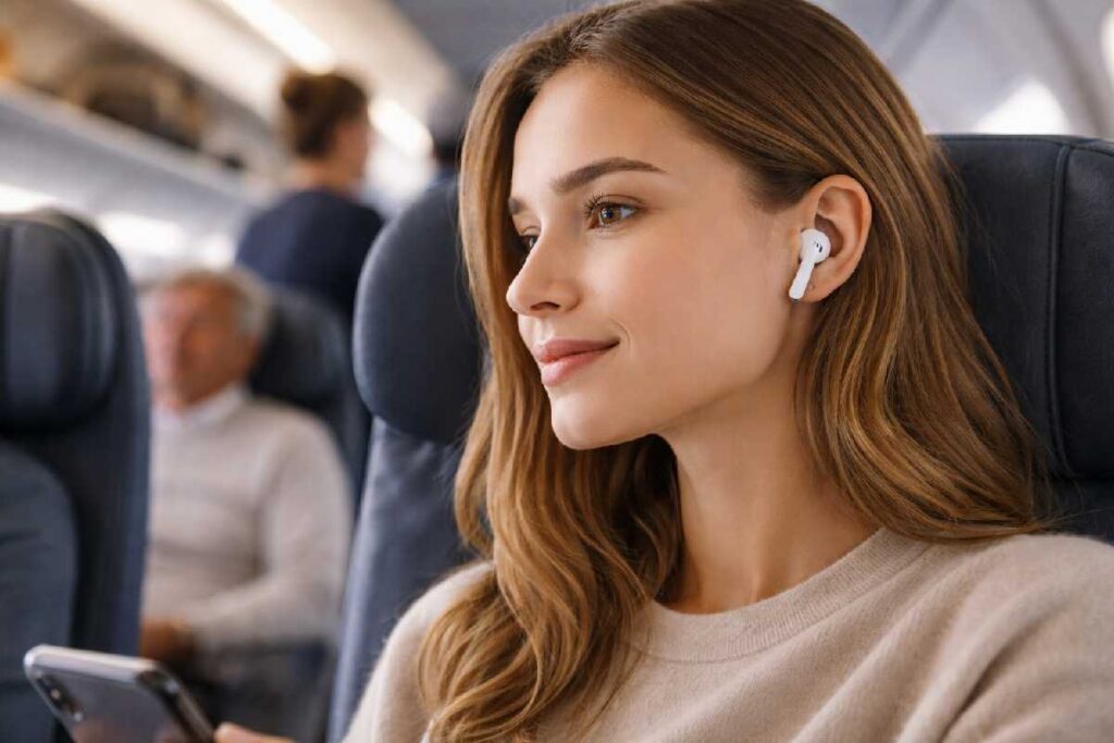 Person using AirPods noise cancellation in a noisy environment