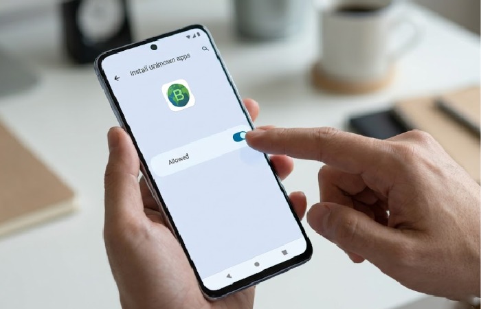 Close-up of Android settings screen showing the 'Install unknown apps' permission toggle.
