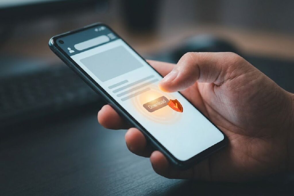 Android phone showing a download prompt with a glowing amber warning shield icon.