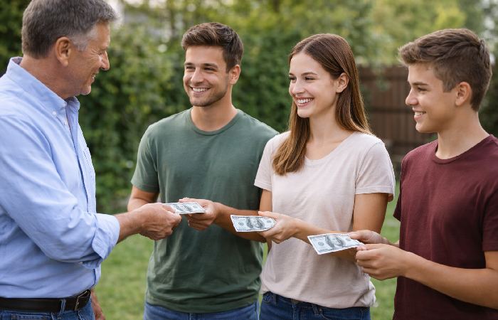 Parent giving money individually to multiple children