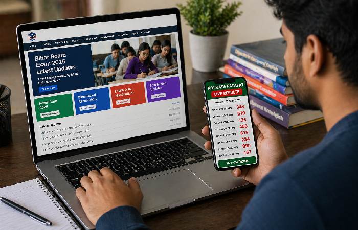 Person browsing education website and Kolkata Fatafat result pages together