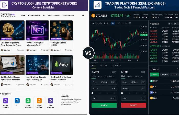 Comparison between crypto blog website and real crypto trading platform dashboard