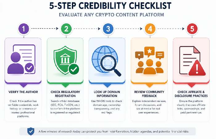Visual checklist for evaluating trustworthiness of crypto content platforms