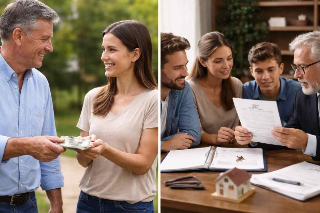 Person giving money and family receiving inheritance assets