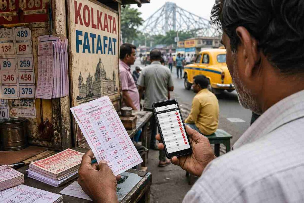 Person checking Kolkata Fatafat lottery results on mobile phone in Kolkata