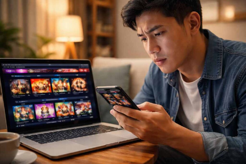 Person browsing an online slot website with uncertainty