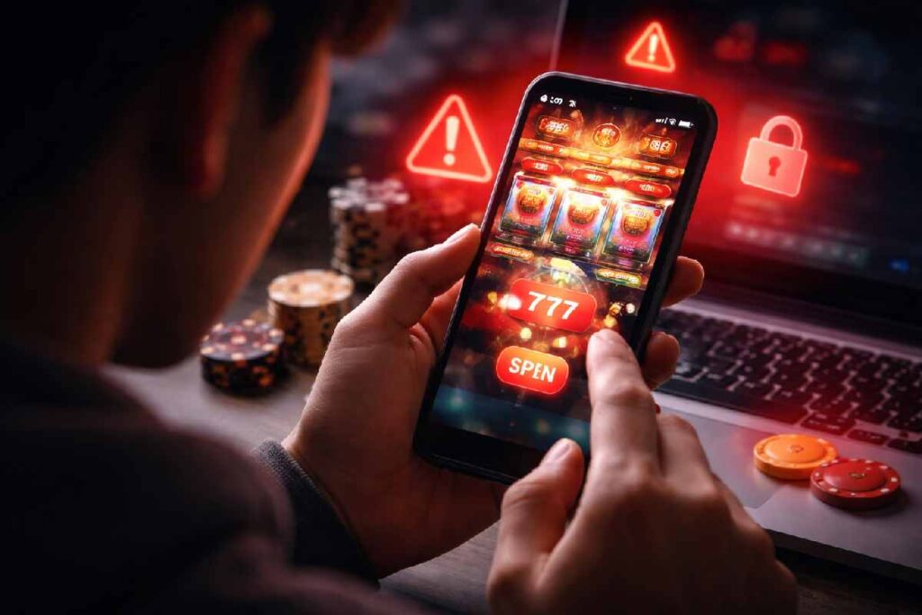 Link Gacor pp.dewazeus33.com Indonesia: Risks & Laws Person using smartphone showing gambling interface with warning tone