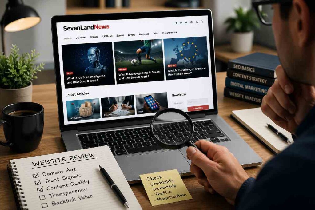 Person reviewing a news website on laptop to check credibility and trustworthiness