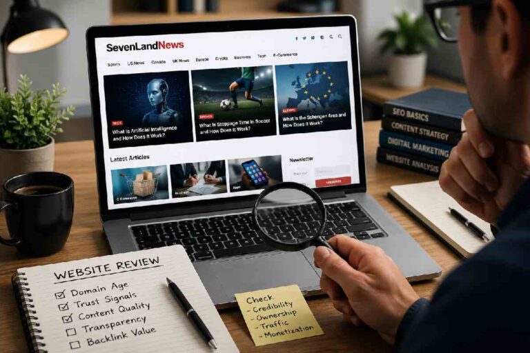 Person reviewing a news website on laptop to check credibility and trustworthiness