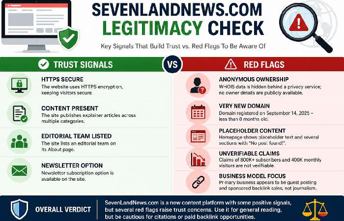 Infographic comparing verified trust signals and red flags of a website