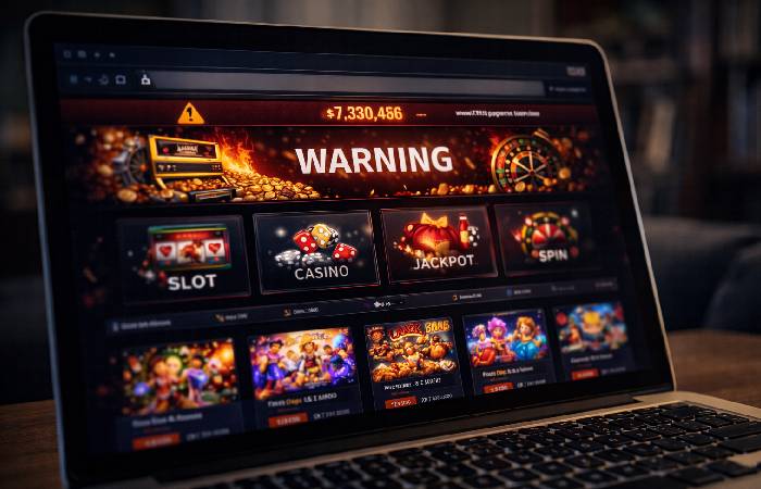 Unverified gambling website displayed on a laptop