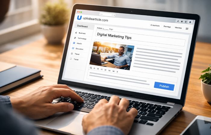 article submission dashboard interface on laptop screen