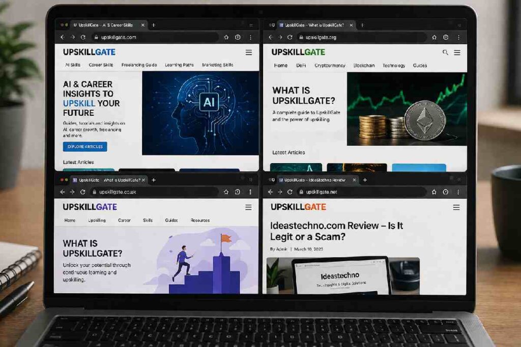 Multiple UpskillGate websites open on a laptop showing different domains and content