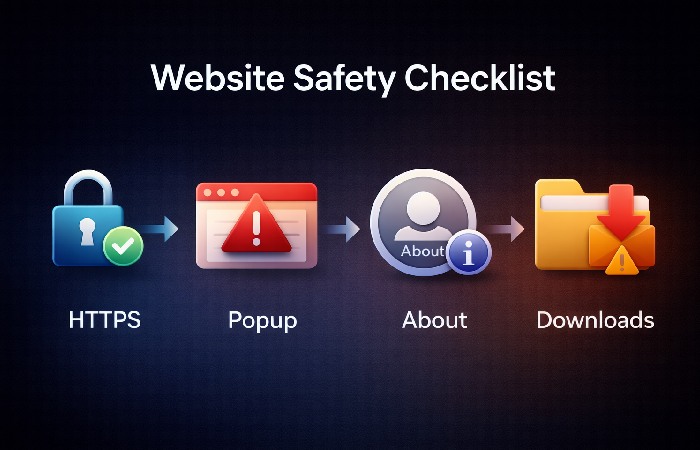 website safety checklist https popups about page downloads caution
