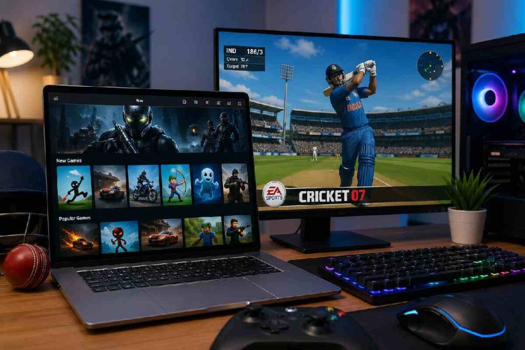 Browser gaming website and Cricket 07 gaming setup on desktop