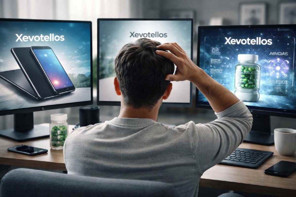 Xevotellos brand shown across tech device wellness supplement and AI system concepts