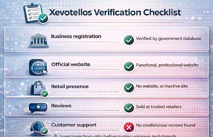 Checklist for verifying legitimacy of unknown tech brands like Xevotellos