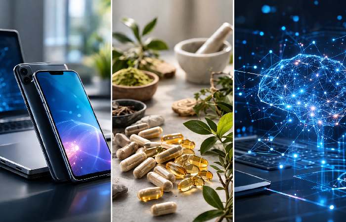 Different product categories linked to Xevotellos including electronics supplements and AI