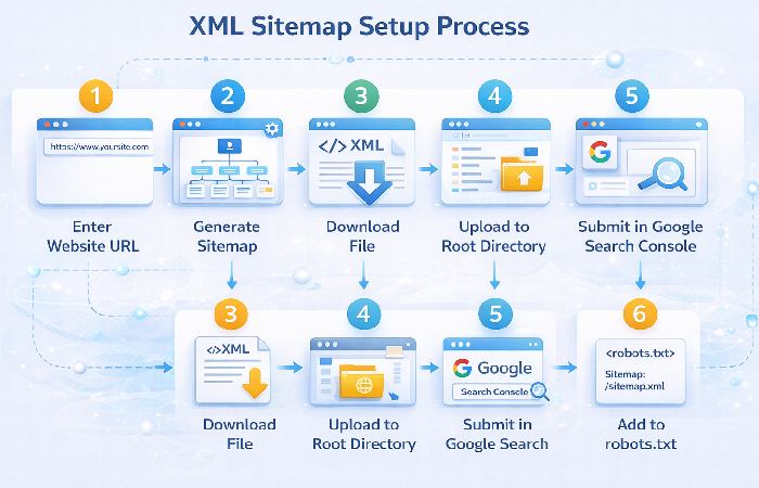 XML sitemap creation and submission steps workflow