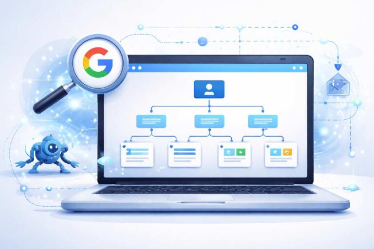 Website structure and XML sitemap concept with search engine crawling