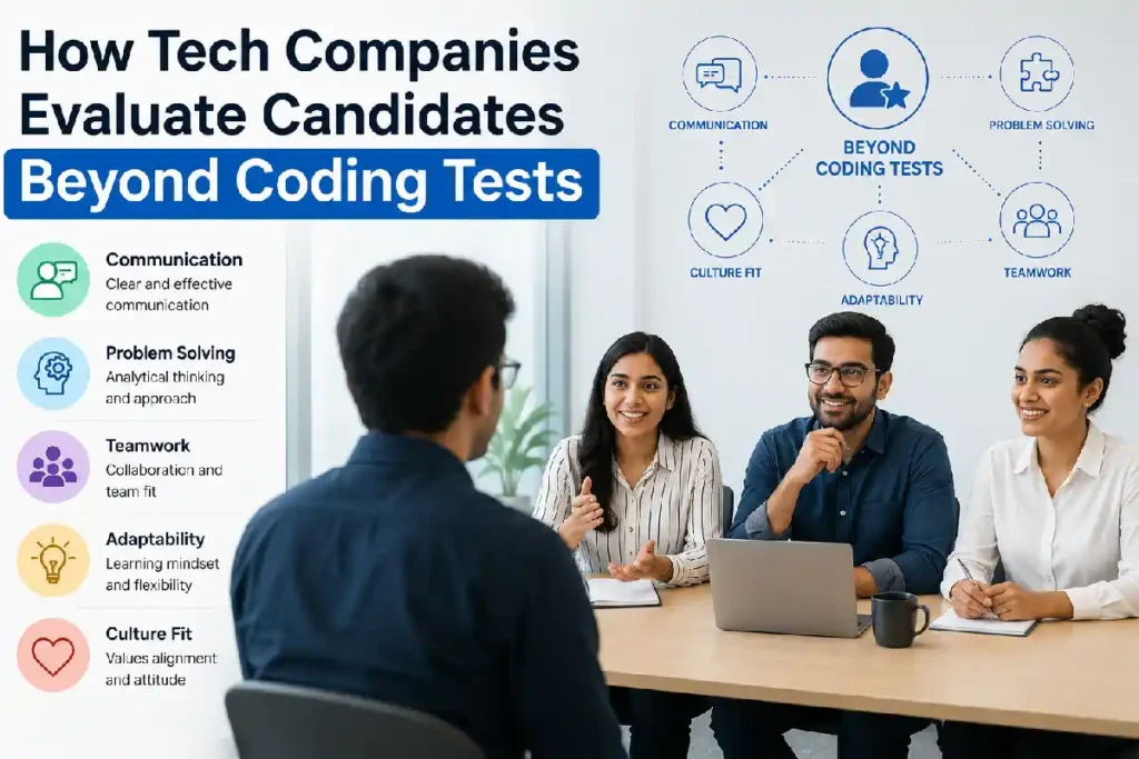 How Tech Companies Evaluate Candidates Beyond Coding Tests Tech interview panel evaluating a software developer candidate