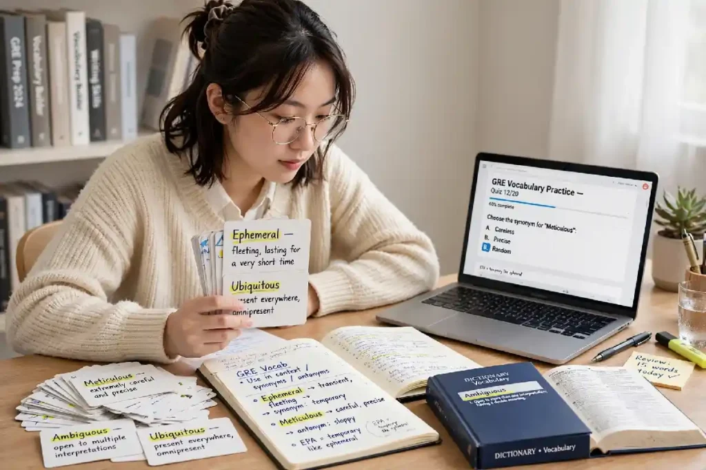Student learning GRE vocabulary with flashcards