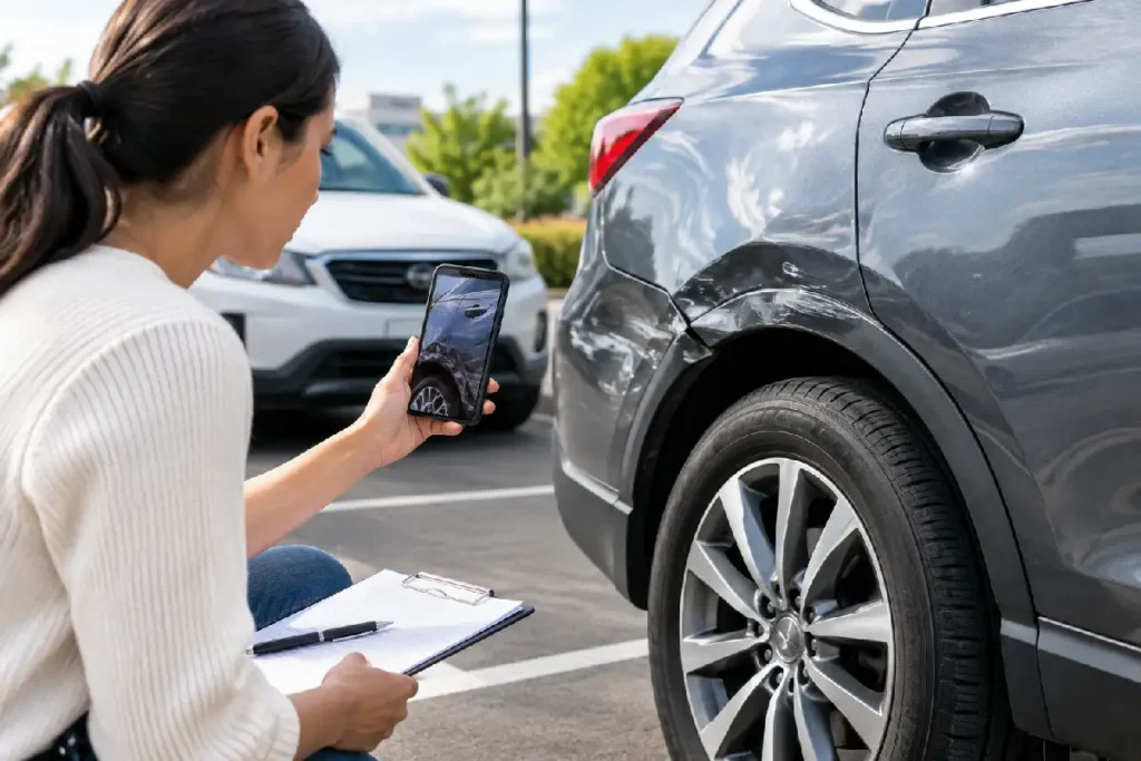 How to Handle Car Insurance After Parking Lot Damage Car damaged in parking lot being documented for an insurance claim